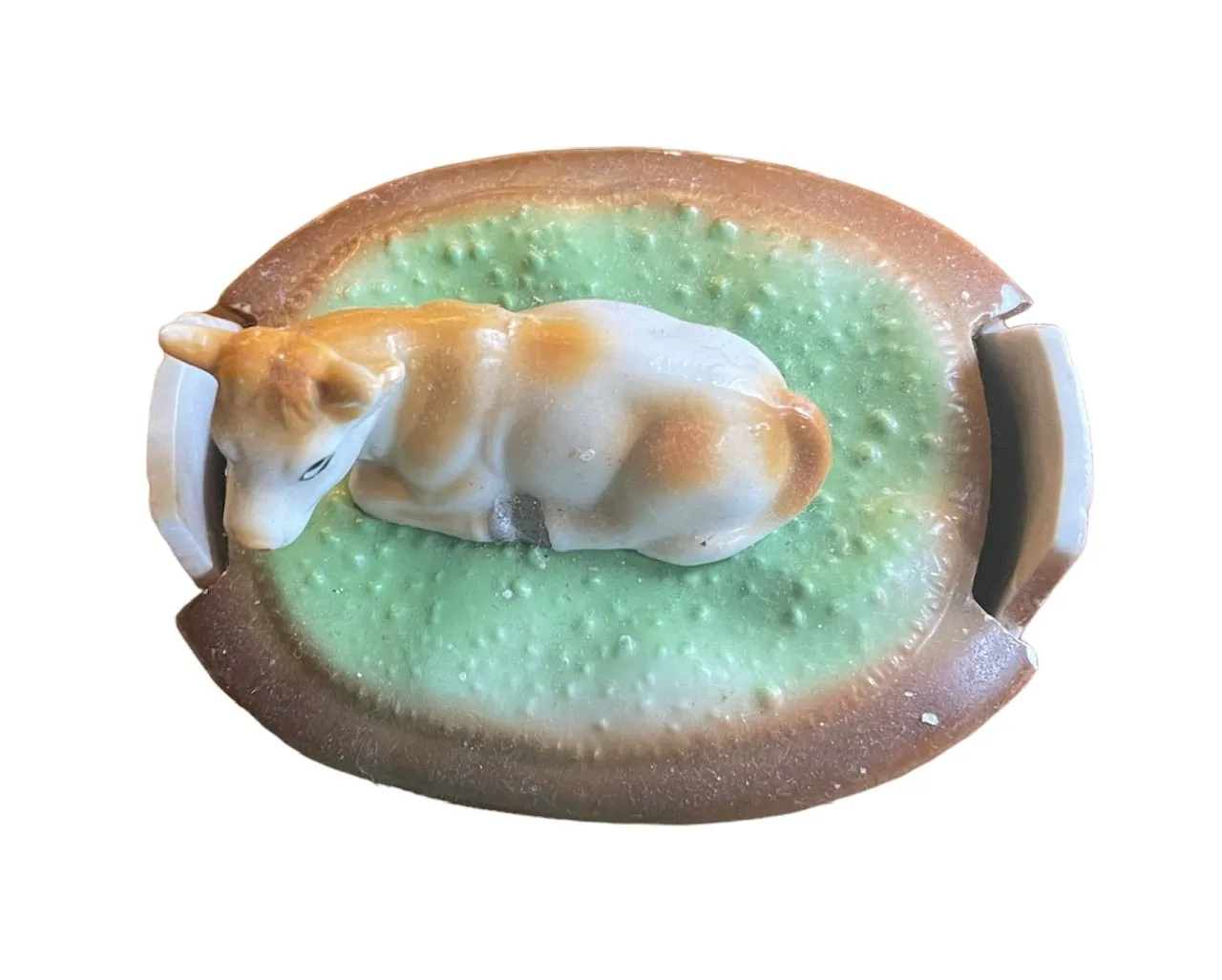 Antique Oval Butter Cooler Tub / Cheese Dish  w/ Resting Cow Lid Top