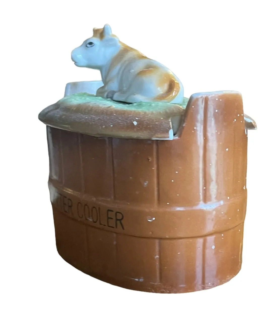 Antique Oval Butter Cooler Tub / Cheese Dish  w/ Resting Cow Lid Top