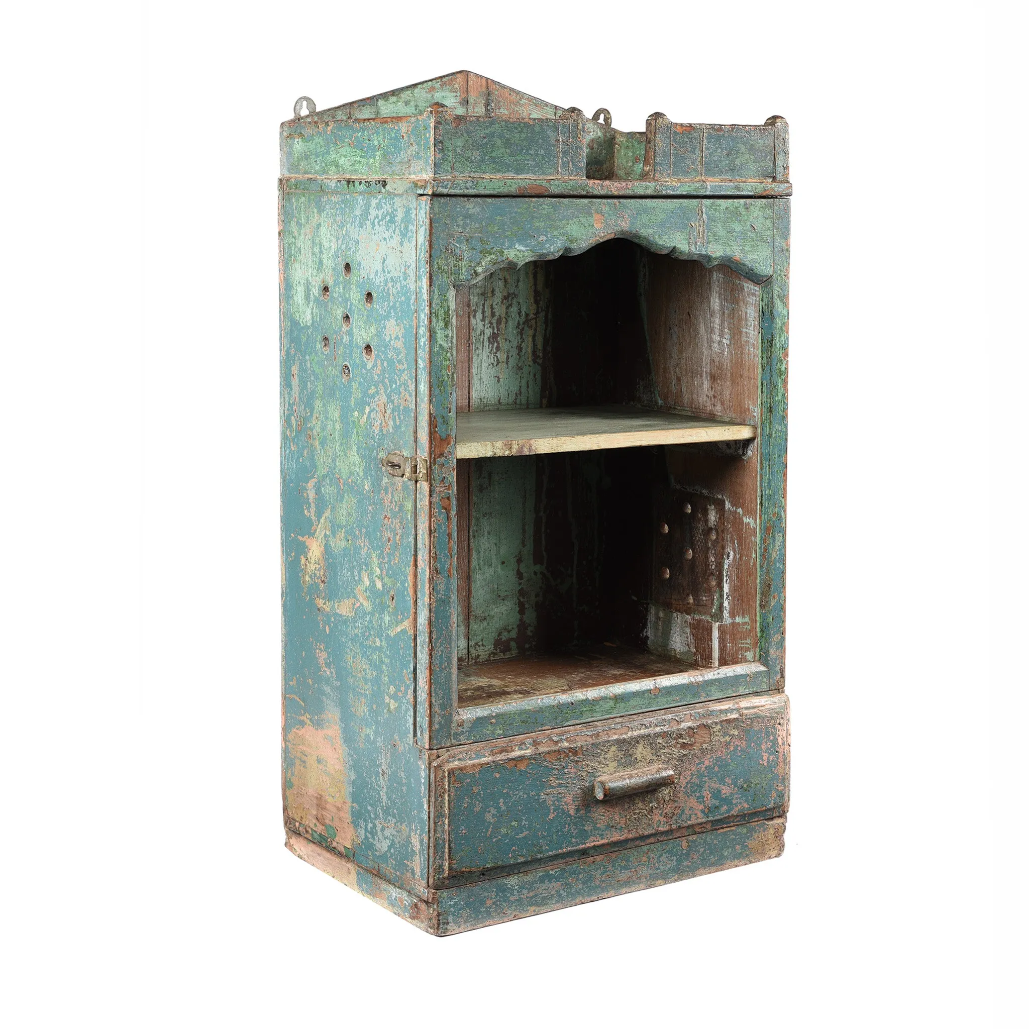 Aqua Painted Teak Glazed Wall Cabinet - Ca 1930