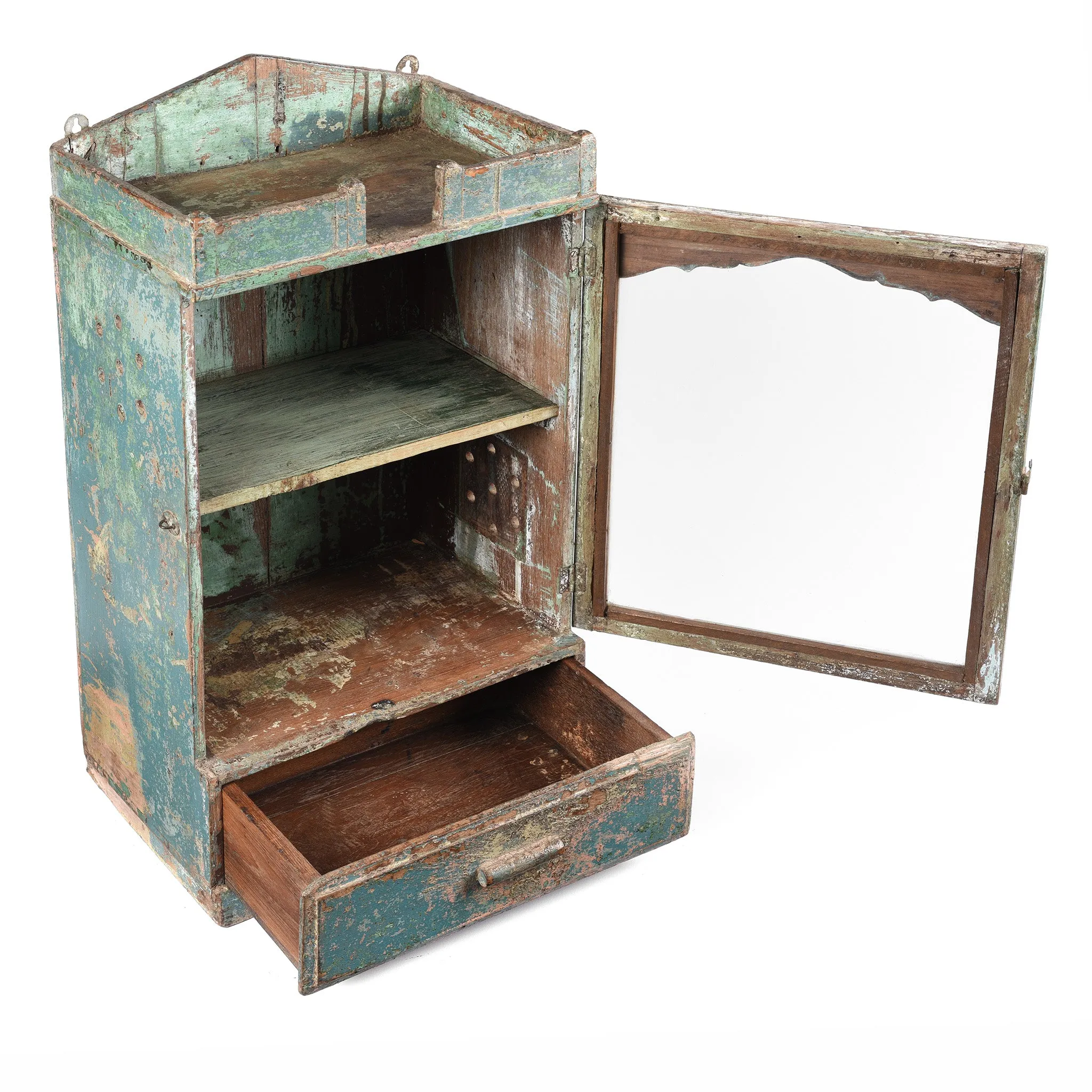 Aqua Painted Teak Glazed Wall Cabinet - Ca 1930
