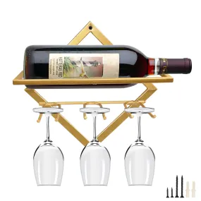 AUHOKY Metal Wall Mounted Wine Holder, Upgrade Collapsible Wall Hanging Red Wine Racks Organizer with 3 Stem Glass Holders, Red Wine Bottle Display Hanger with Screws for Home Kitchen Bar Wall Décor…