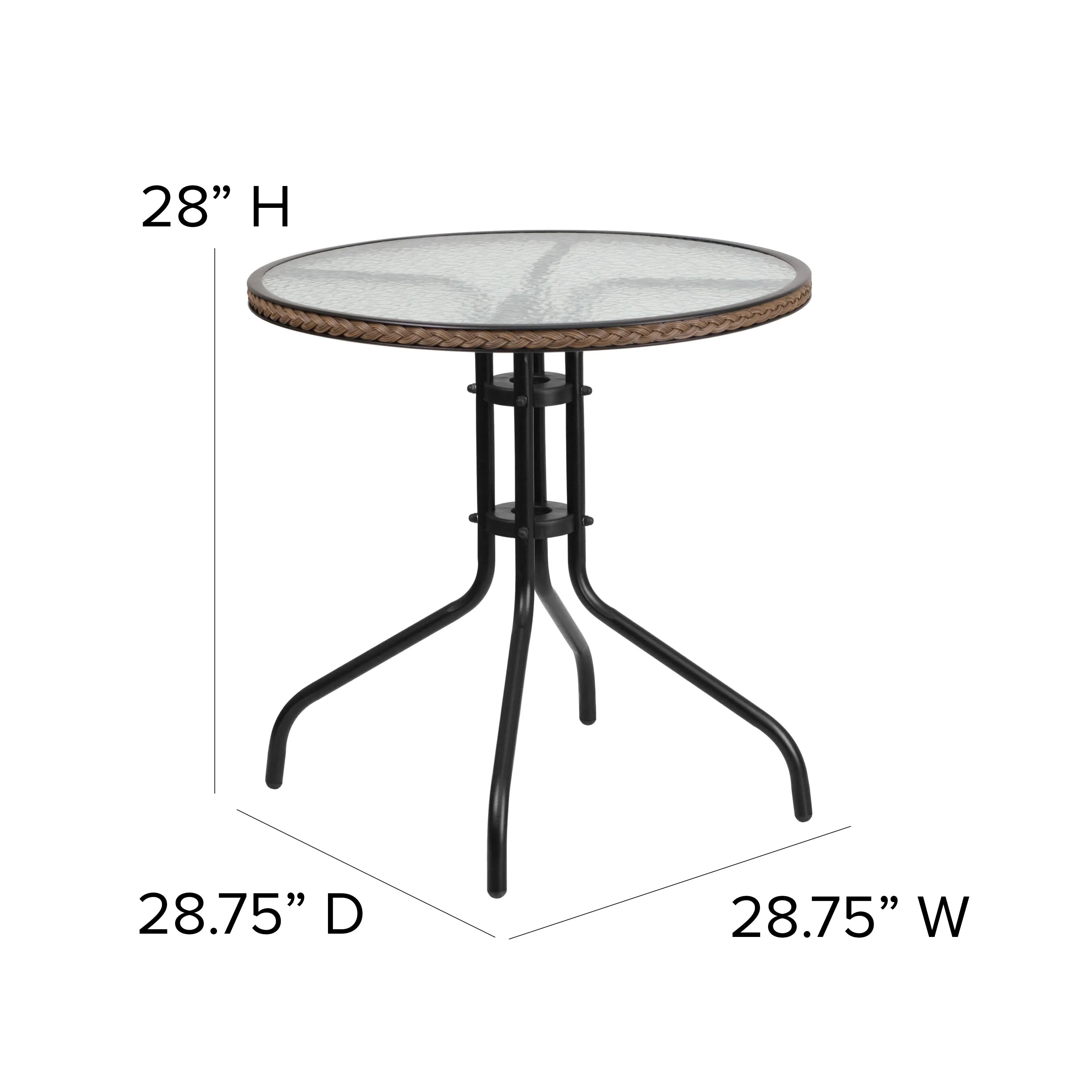 Barker 28'' Round Tempered Glass Metal Table with Rattan Edging