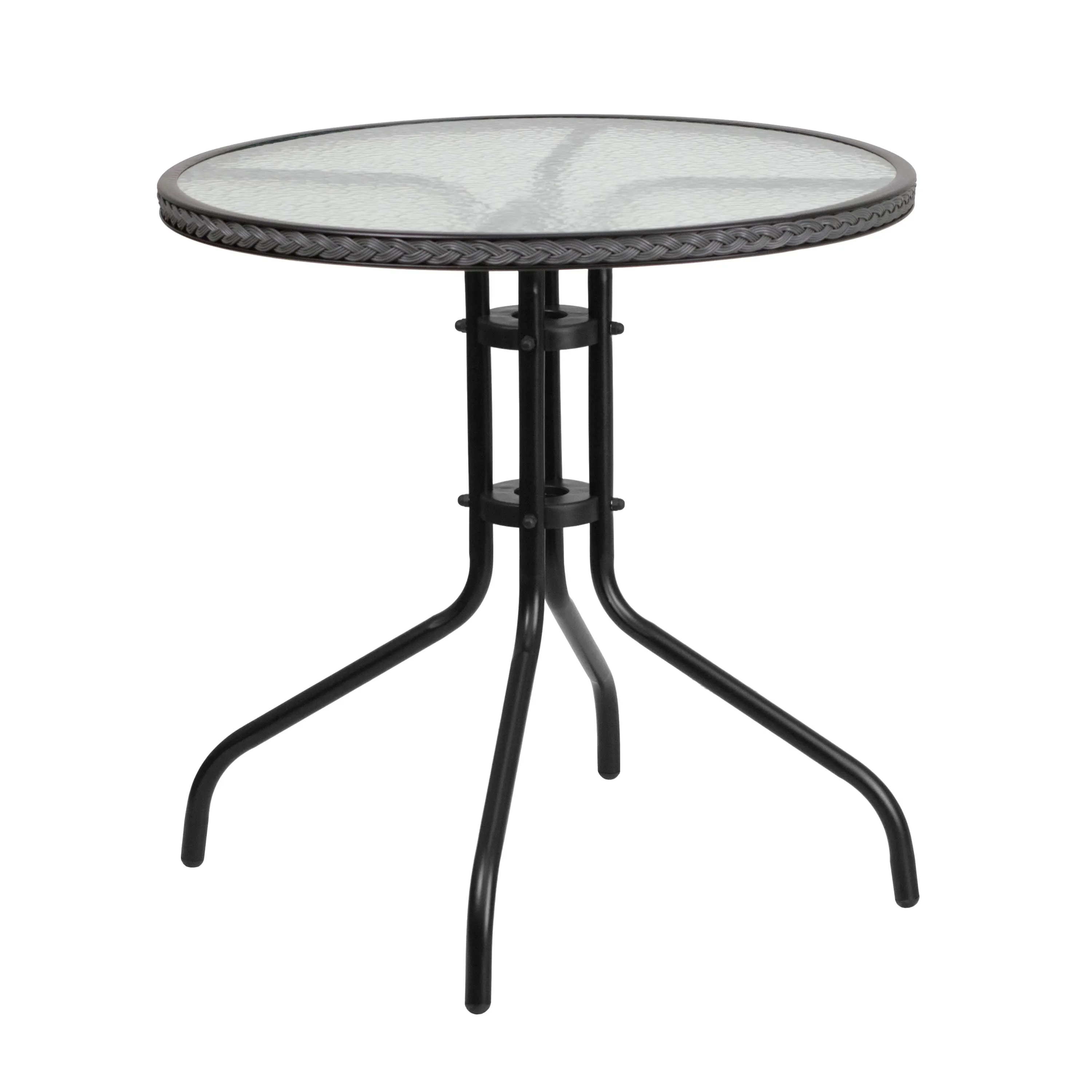 Barker 28'' Round Tempered Glass Metal Table with Rattan Edging