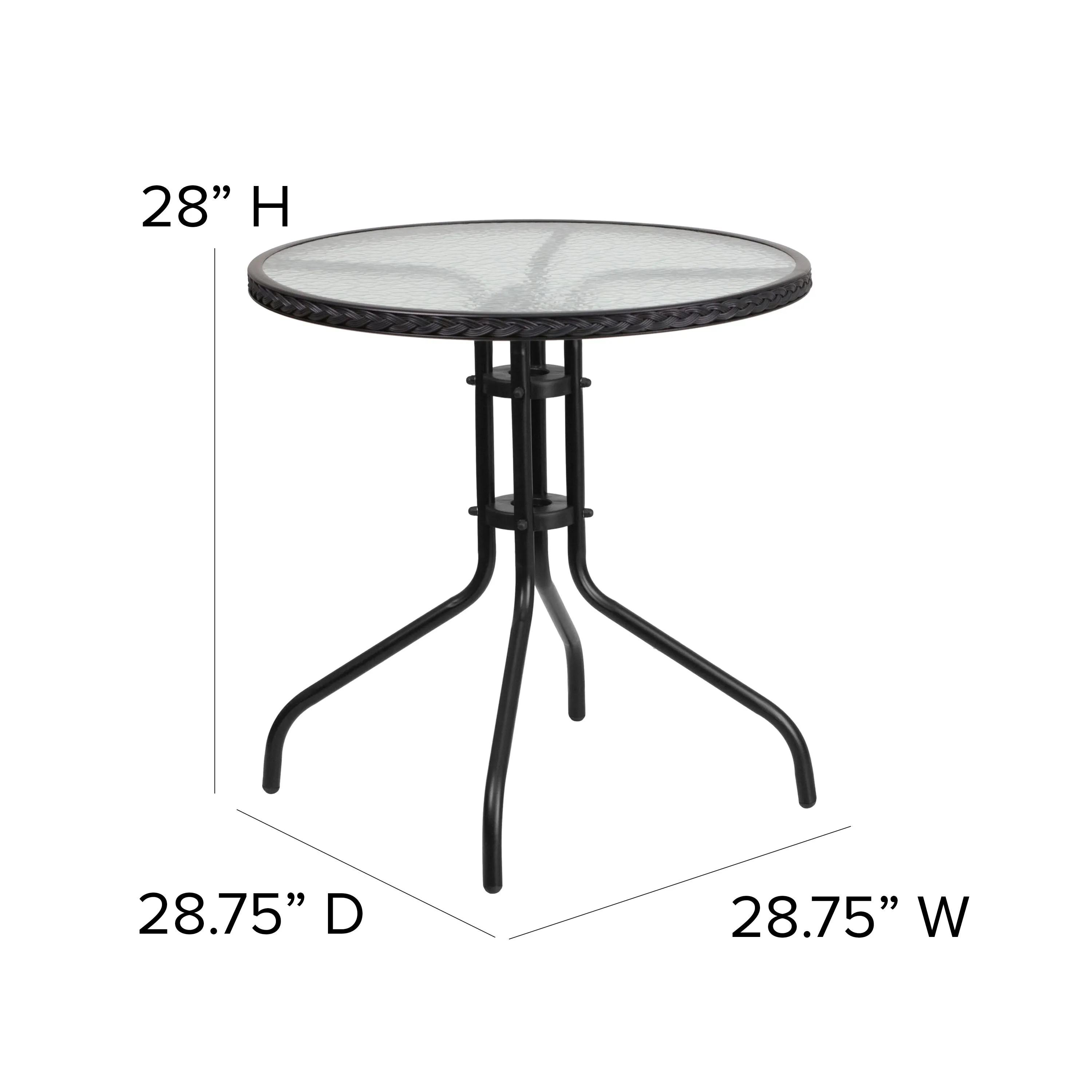 Barker 28'' Round Tempered Glass Metal Table with Rattan Edging