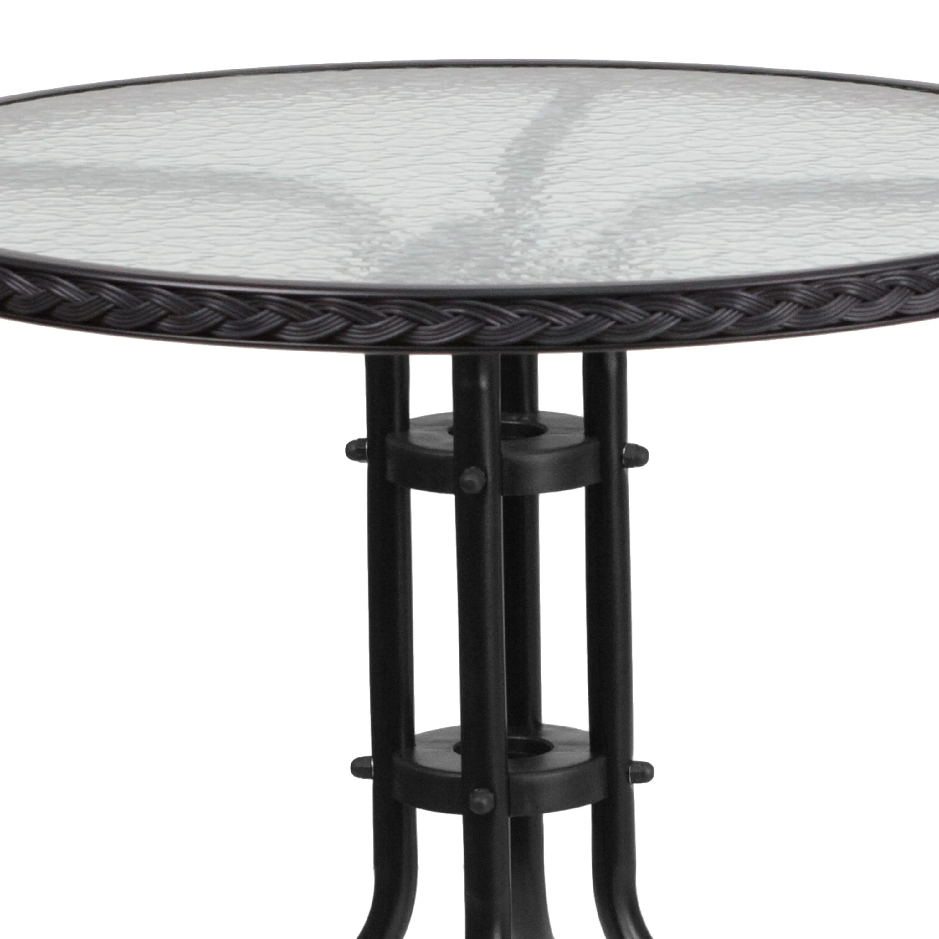 Barker 28'' Round Tempered Glass Metal Table with Rattan Edging
