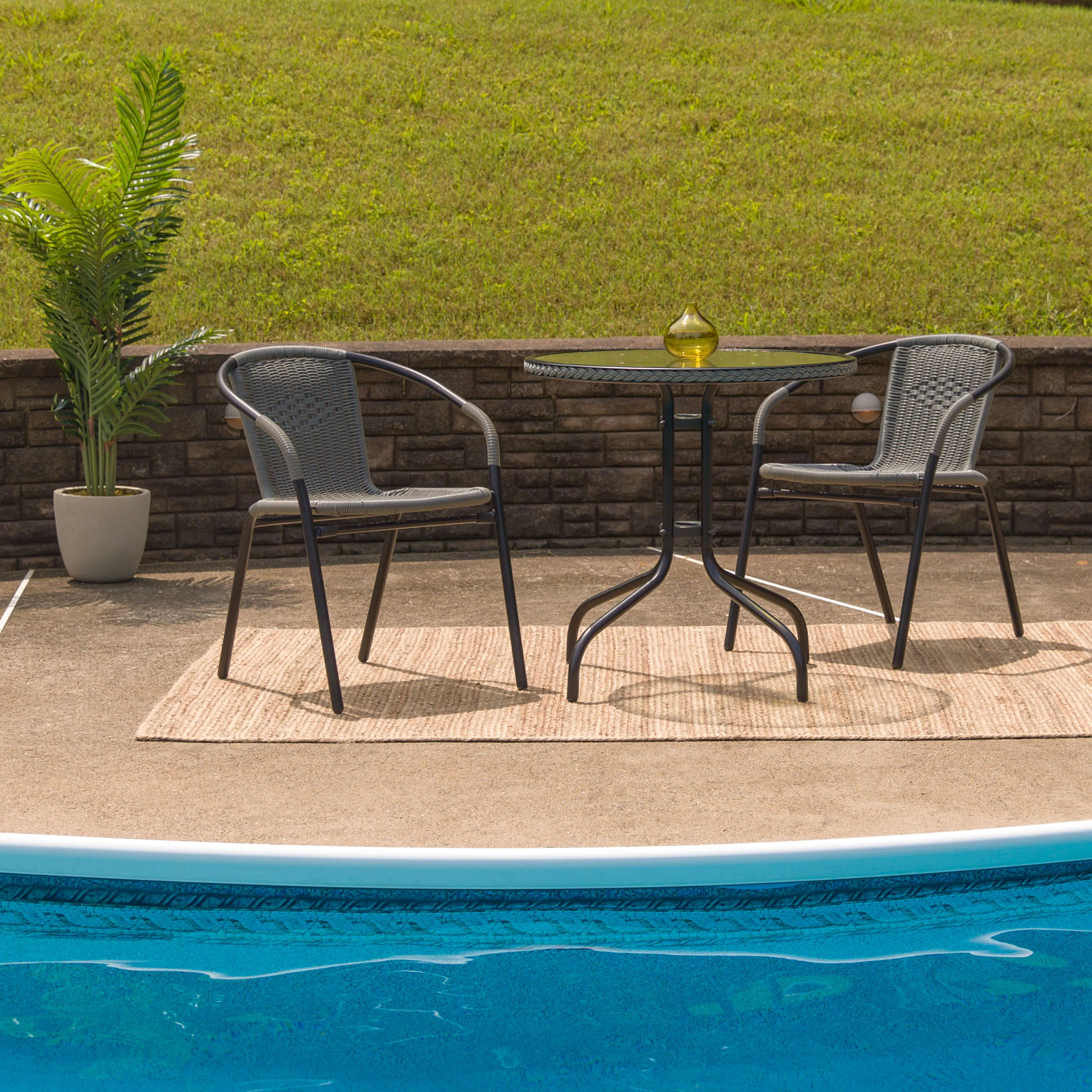 Barker 28'' Round Tempered Glass Metal Table with Rattan Edging
