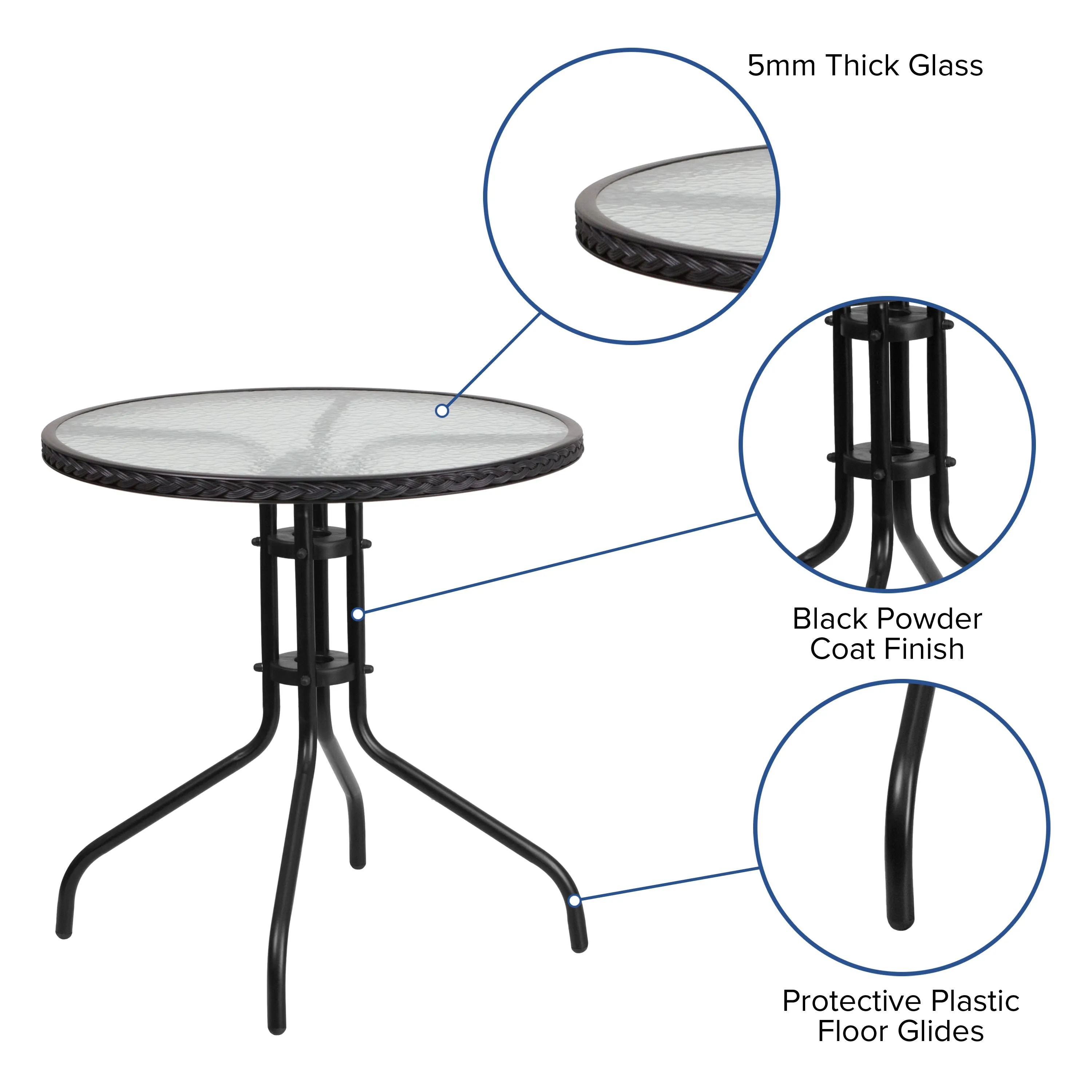 Barker 28'' Round Tempered Glass Metal Table with Rattan Edging