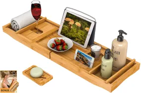 Bath Caddy Tray for Bathtub - Bamboo Adjustable Organizer Tray for Bathroom with Free Soap Dish Suitable for Luxury Spa or Reading