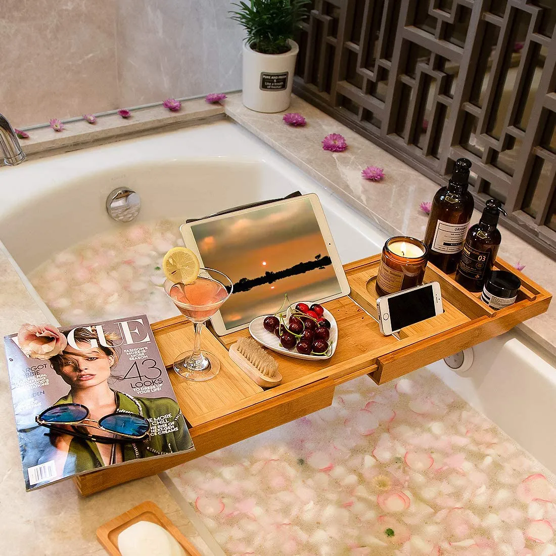 Bathtub Caddy Tray for Luxury Bath - Bamboo Waterproof Expandable Bath Table Over Tub with Wine and Book Holder and Free Soap Dish (Brown)