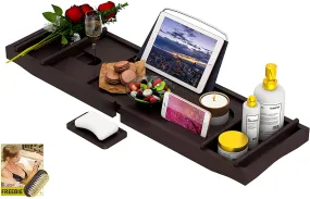 Bathtub Caddy Tray for Luxury Bath - Bamboo Waterproof Expandable Bath Table Over Tub with Wine and Book Holder and Free Soap Dish (Brown)
