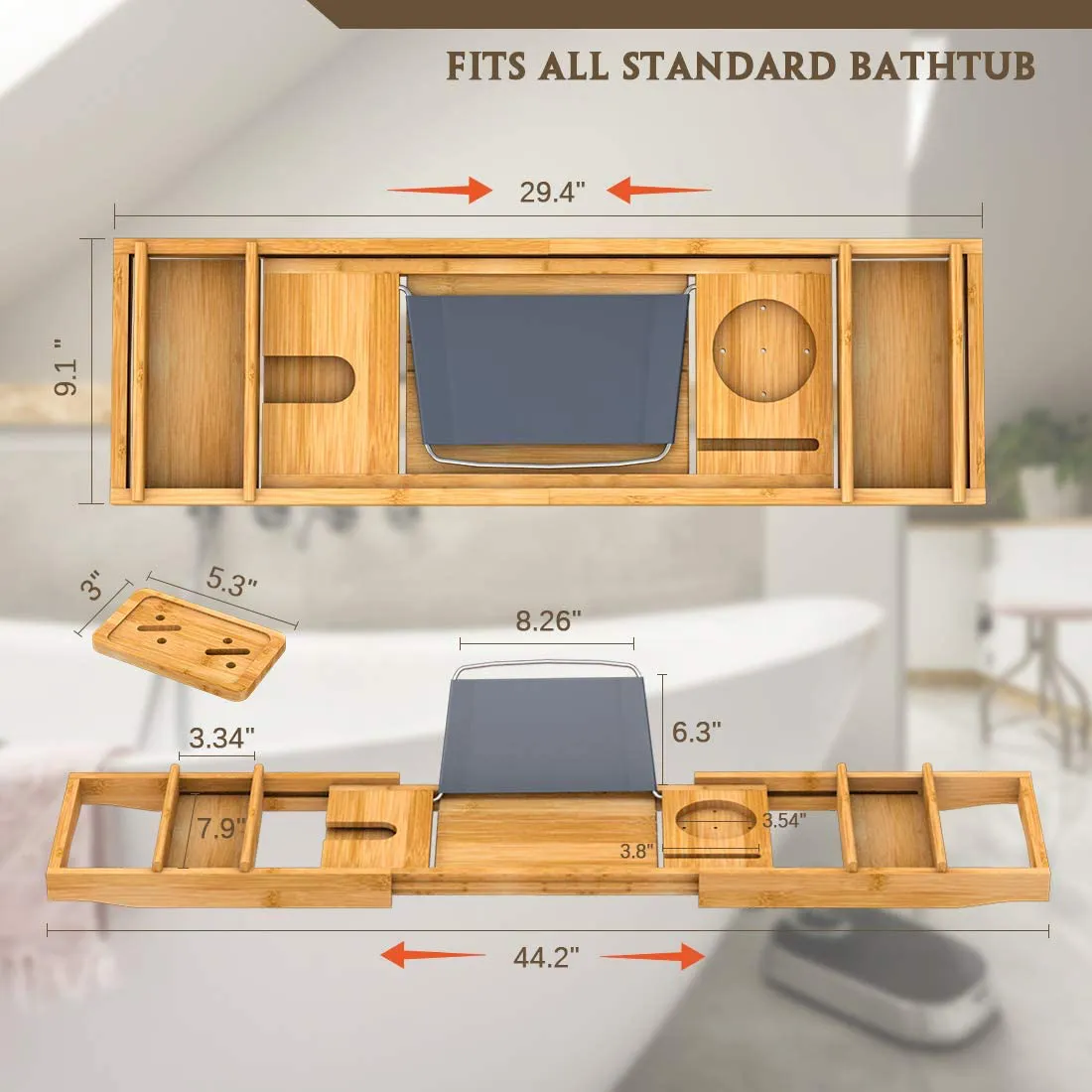 Bathtub Caddy Tray for Luxury Bath - Bamboo Waterproof Expandable Bath Table Over Tub with Wine and Book Holder and Free Soap Dish (Brown)