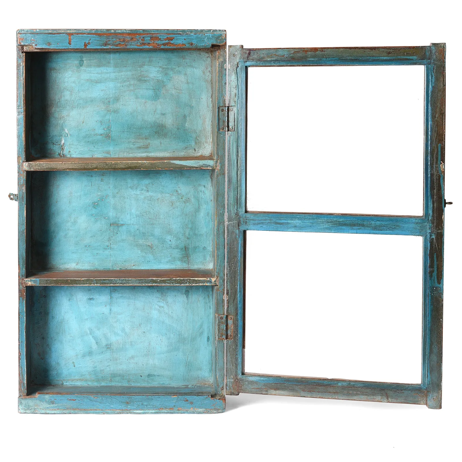 Blue & Yellow Painted Glazed Wall Cabinet - Ca 1930