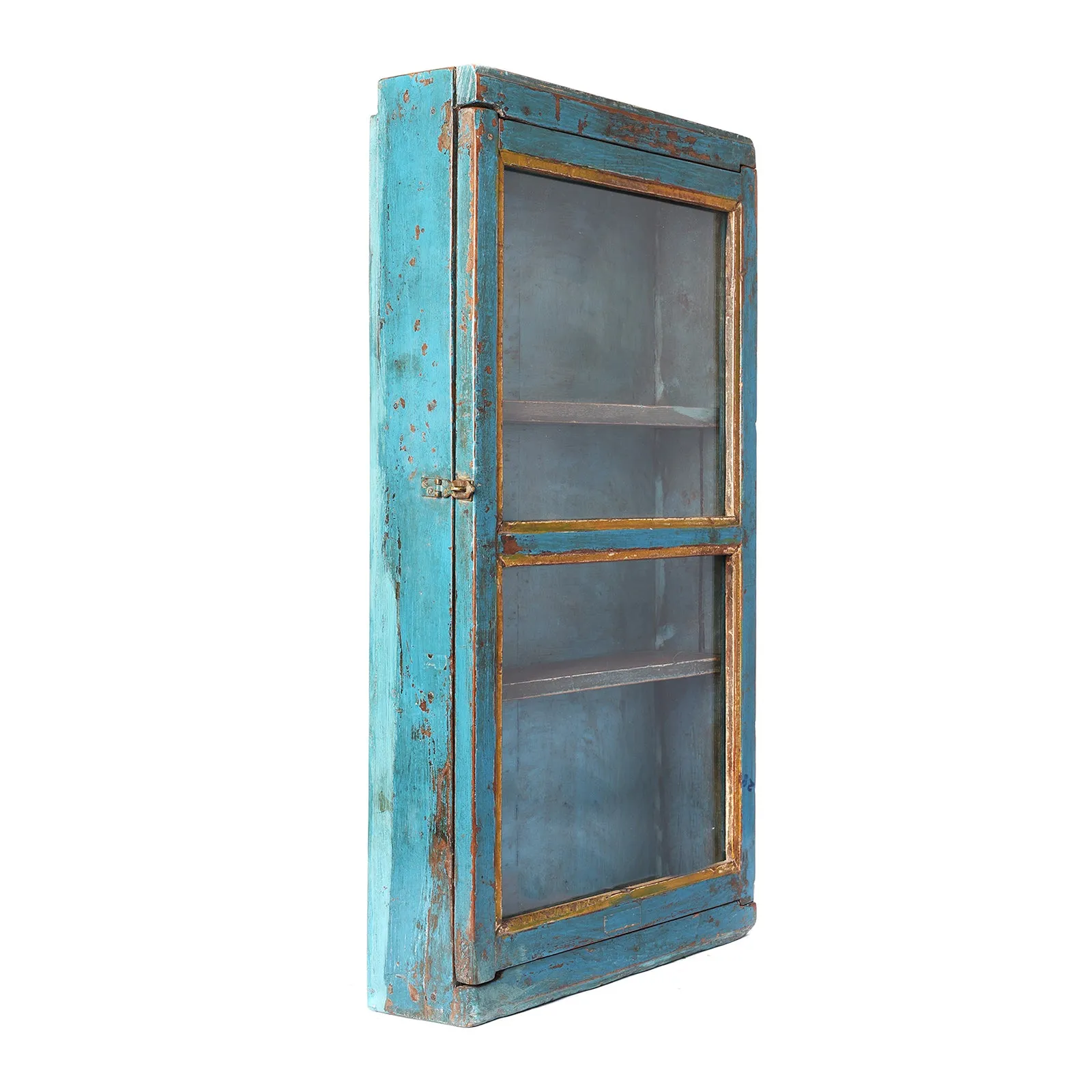 Blue & Yellow Painted Glazed Wall Cabinet - Ca 1930