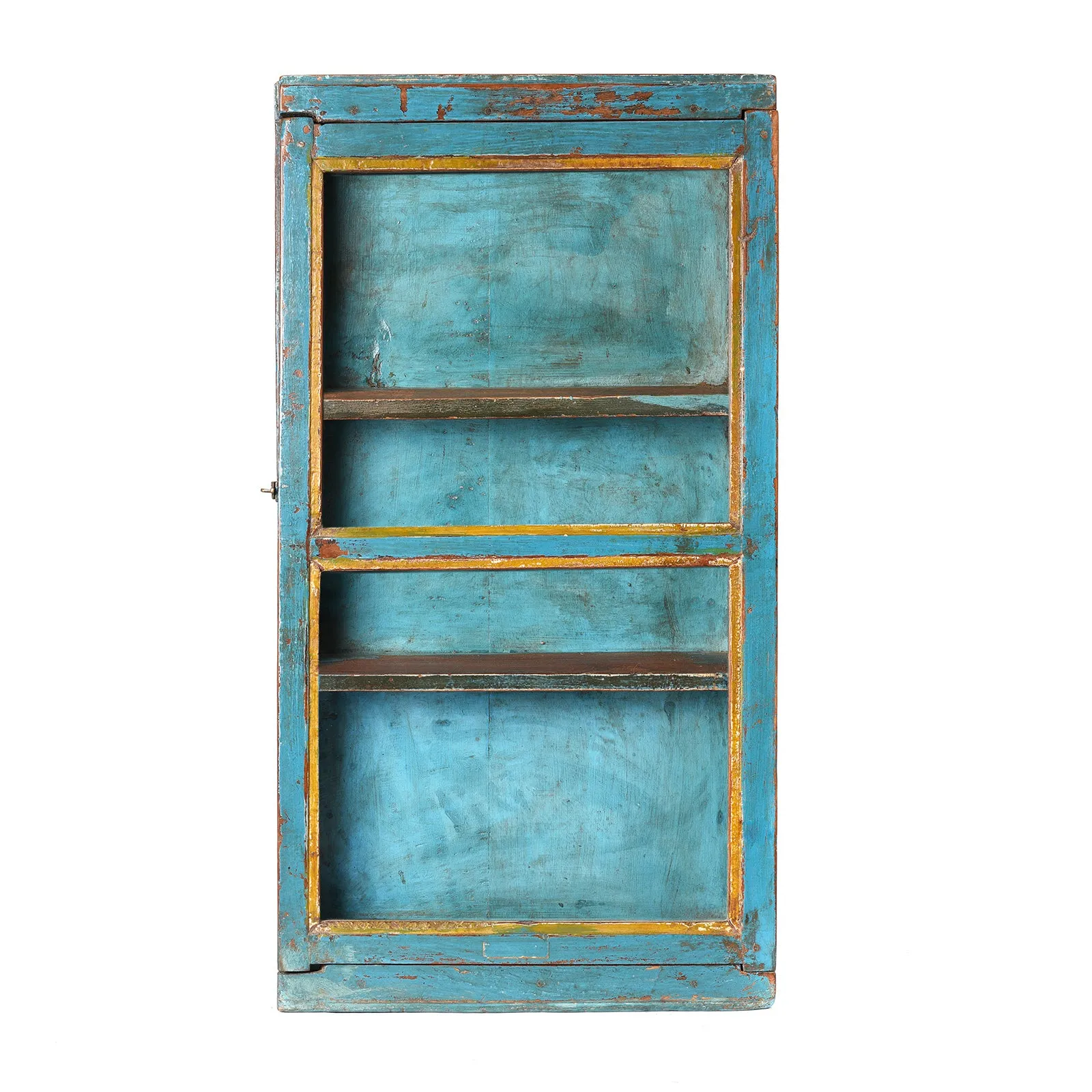 Blue & Yellow Painted Glazed Wall Cabinet - Ca 1930