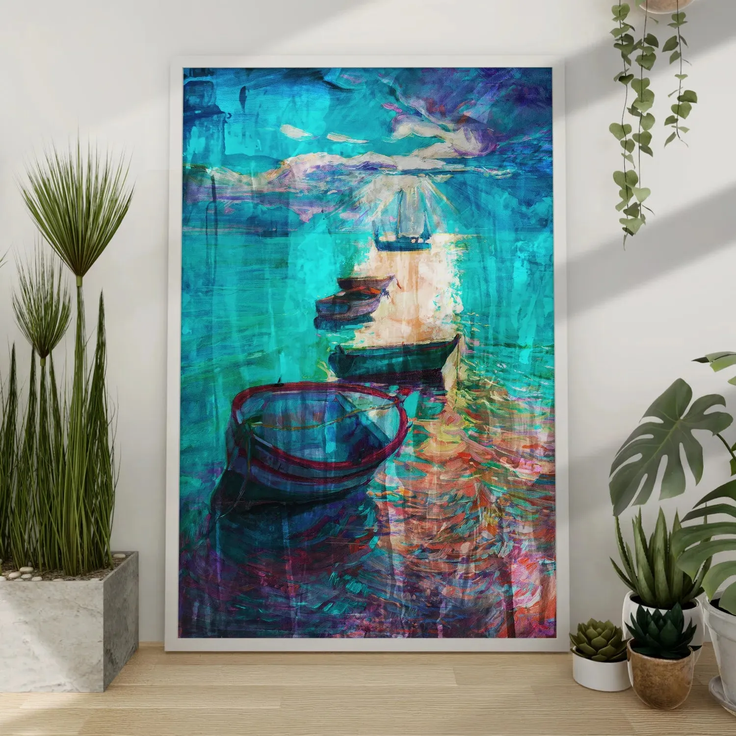 Boats In Lake - Abstract Multicolored