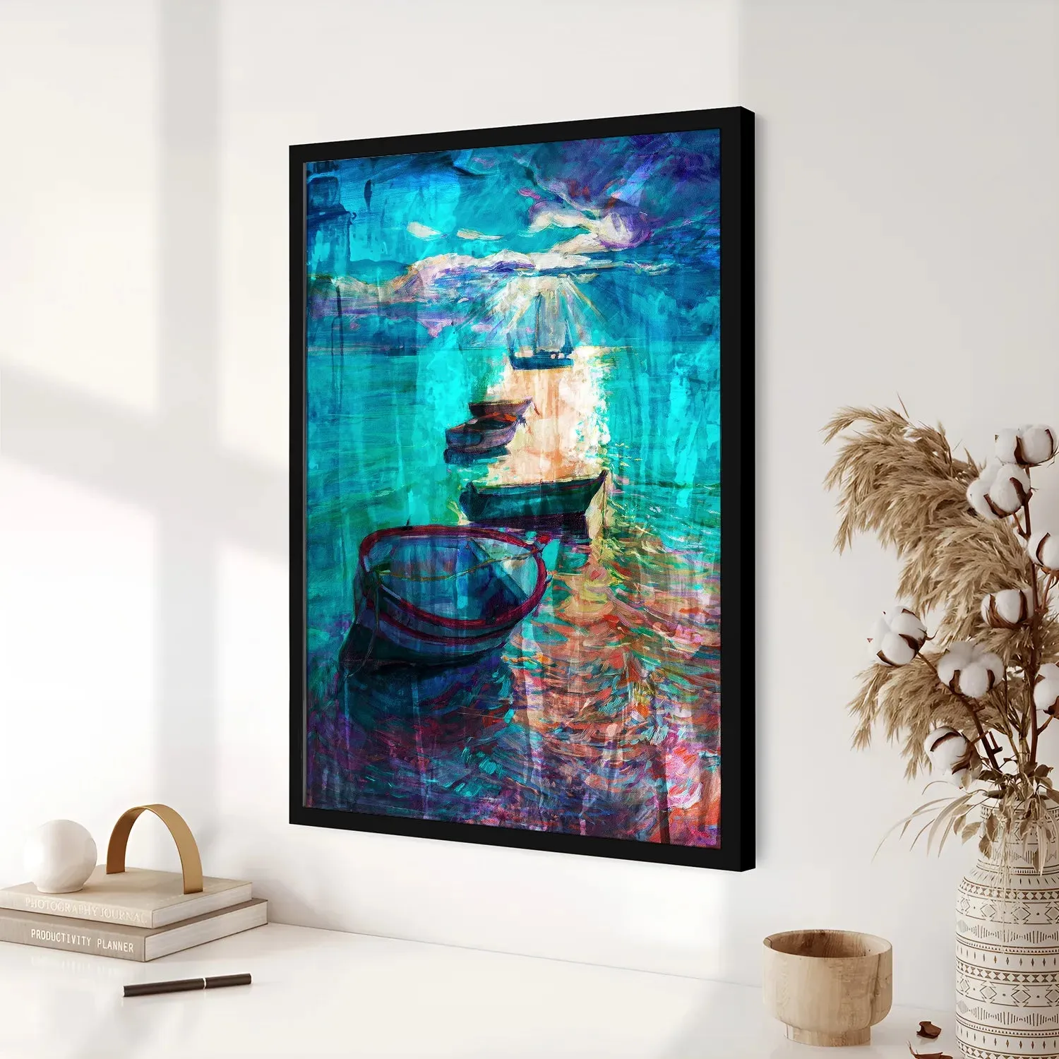 Boats In Lake - Abstract Multicolored