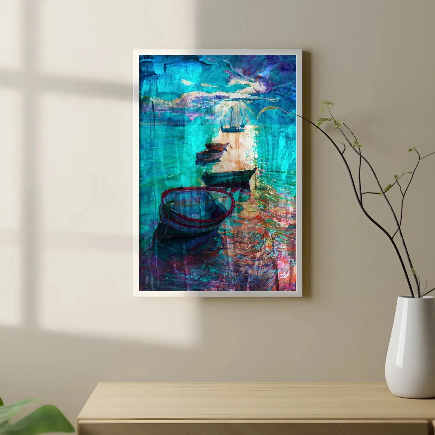 Boats In Lake - Abstract Multicolored