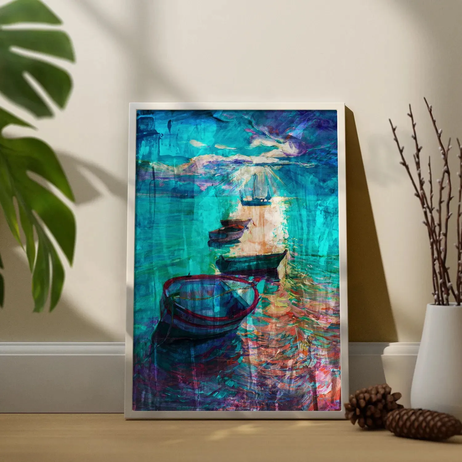 Boats In Lake - Abstract Multicolored