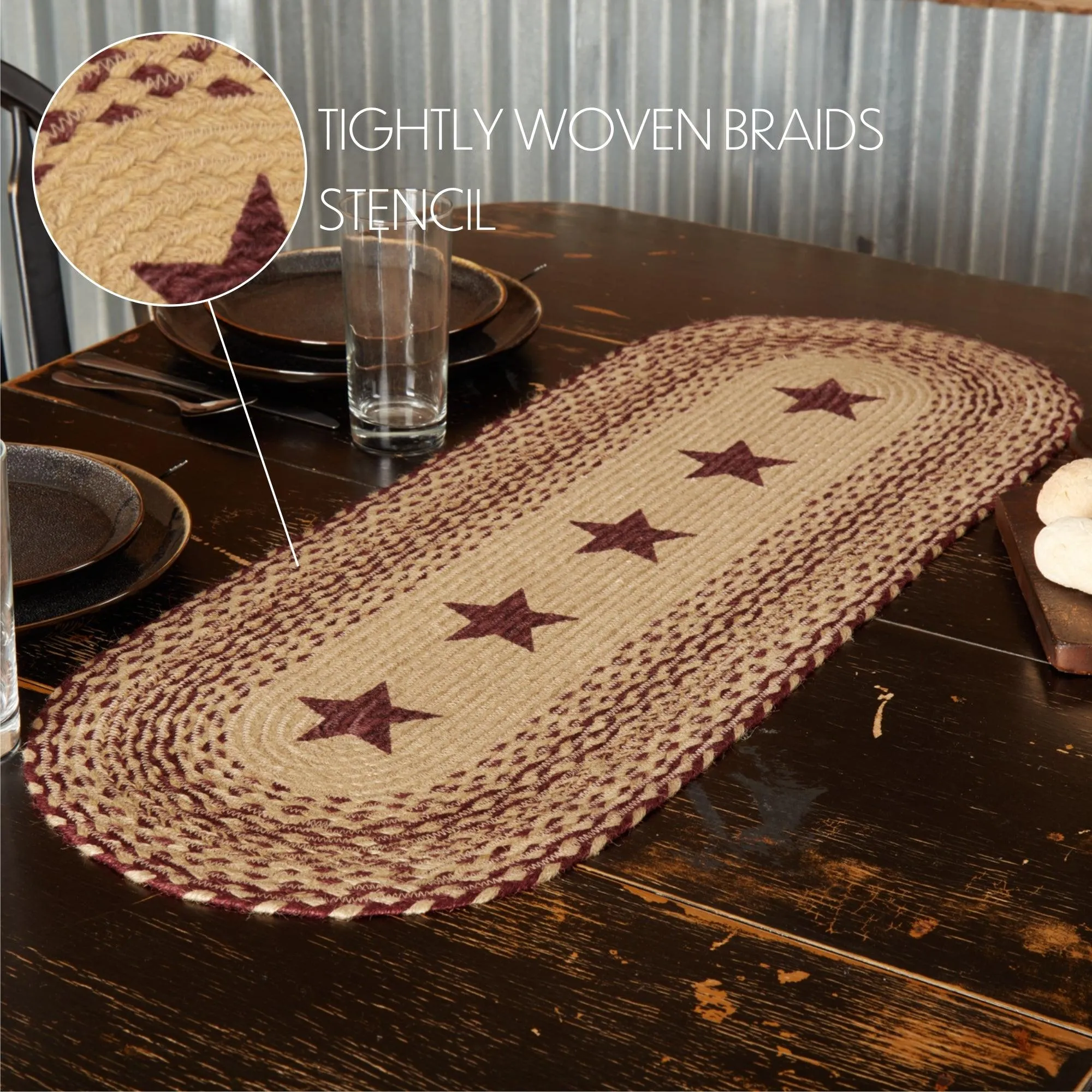 Burgundy Tan Jute Braided Table Runner Stencil Stars
