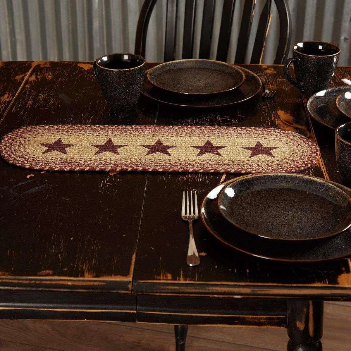 Burgundy Tan Jute Braided Table Runner Stencil Stars