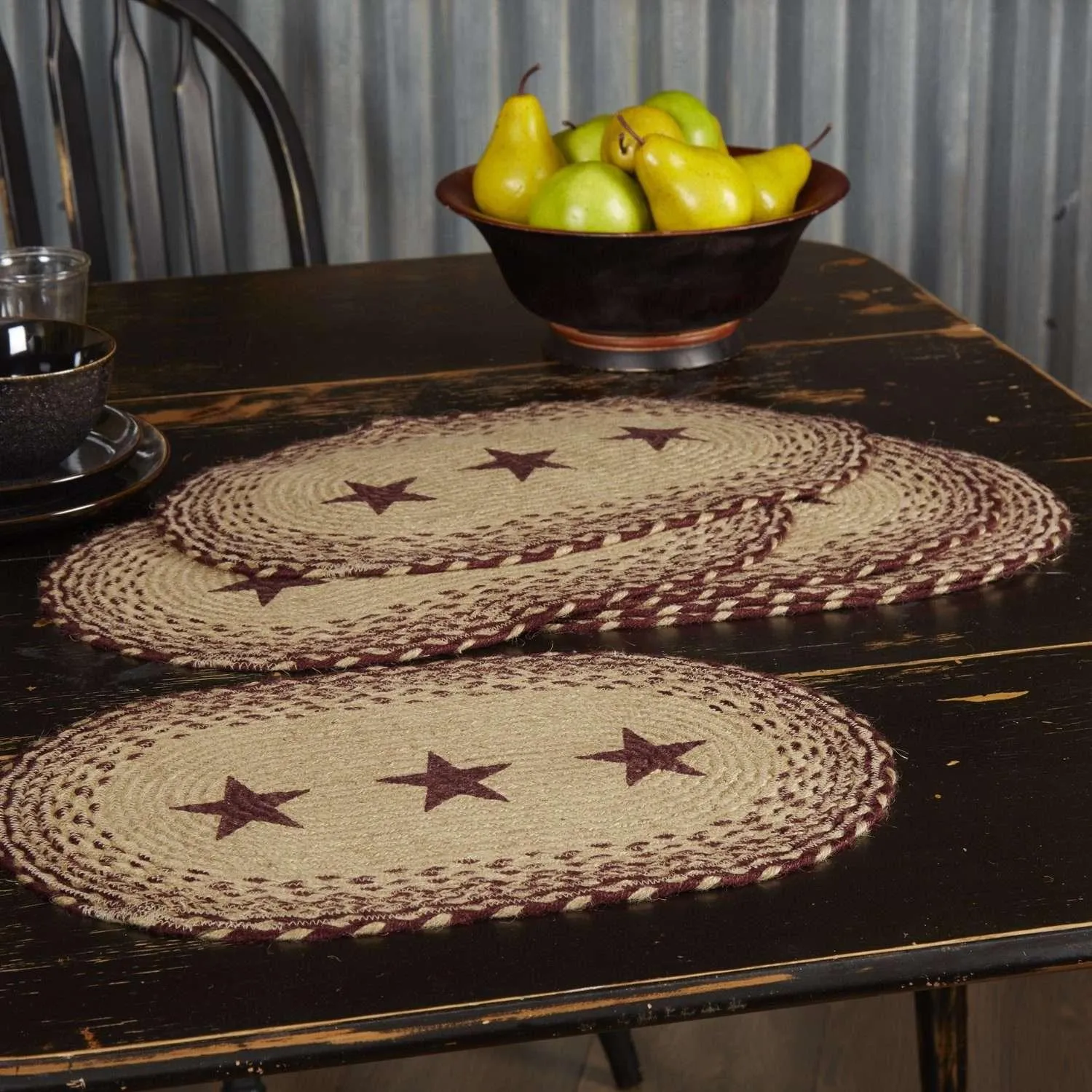 Burgundy Tan Stencil Stars Jute Braided Placemat Set of 6