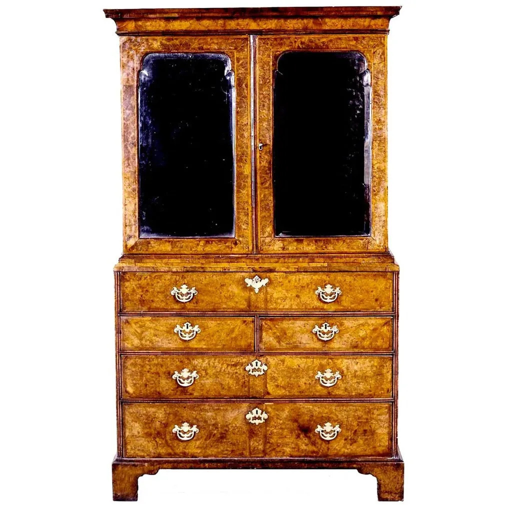 Burl Walnut Mirror Door Secretary