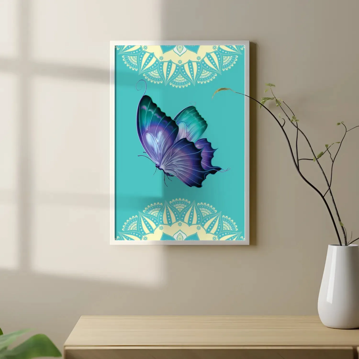 Butterfly With Mandala Wall Art Framed