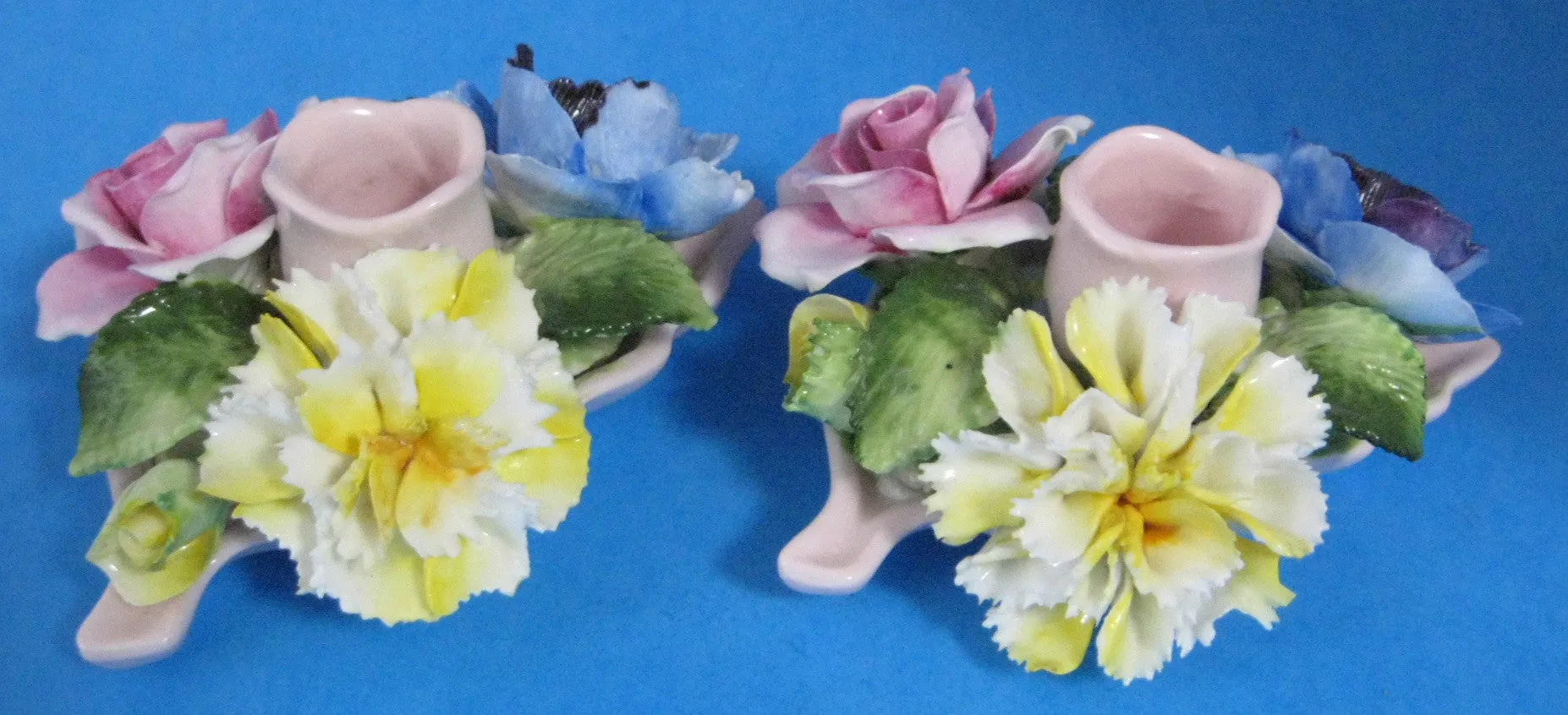 Candle Holder Pair Radnor Staffordshire Flower Posy 1940s Hand Made Bone China Flowers