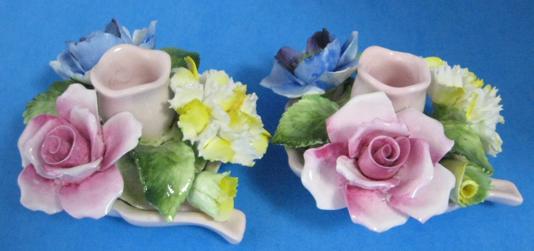 Candle Holder Pair Radnor Staffordshire Flower Posy 1940s Hand Made Bone China Flowers