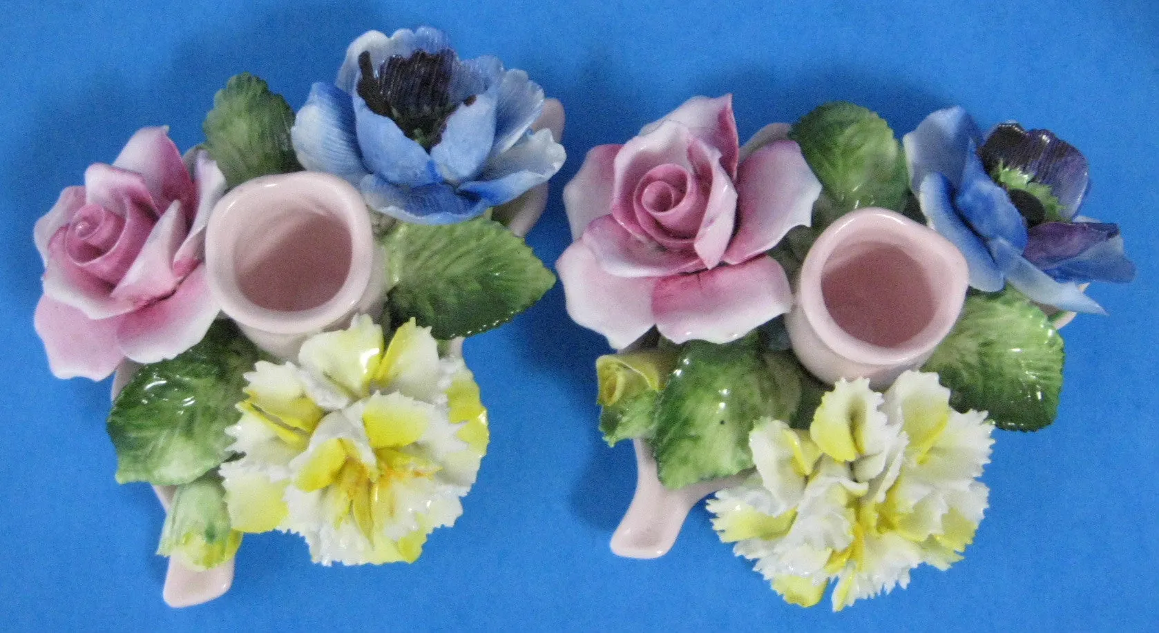 Candle Holder Pair Radnor Staffordshire Flower Posy 1940s Hand Made Bone China Flowers