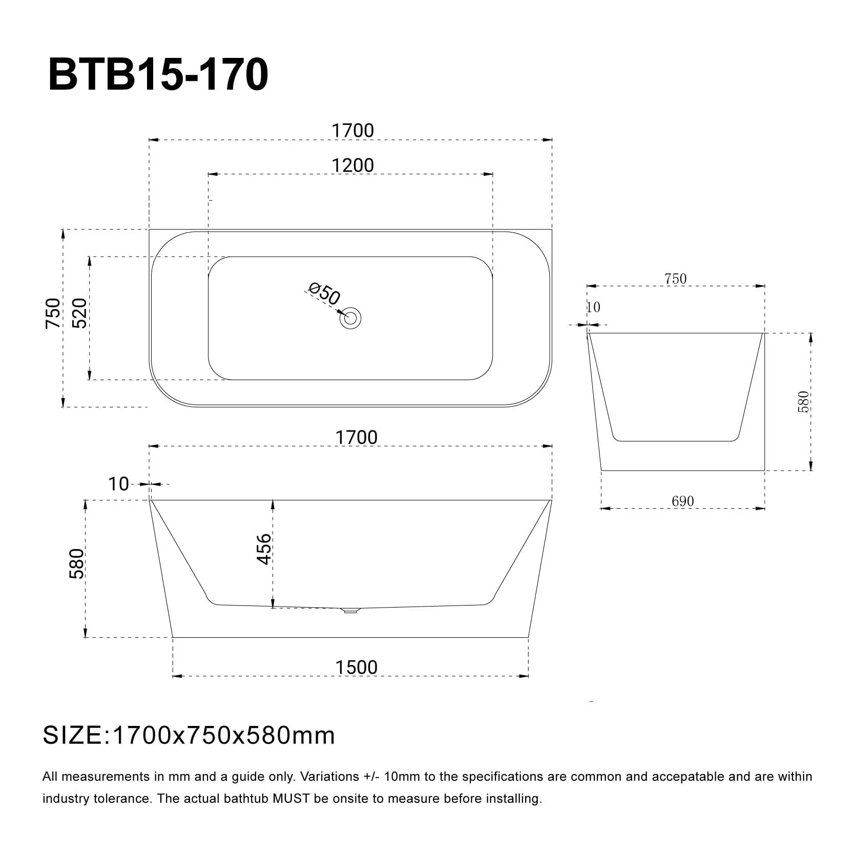 CLIO 1700mm Back to Wall Free Standing Bath Gloss White