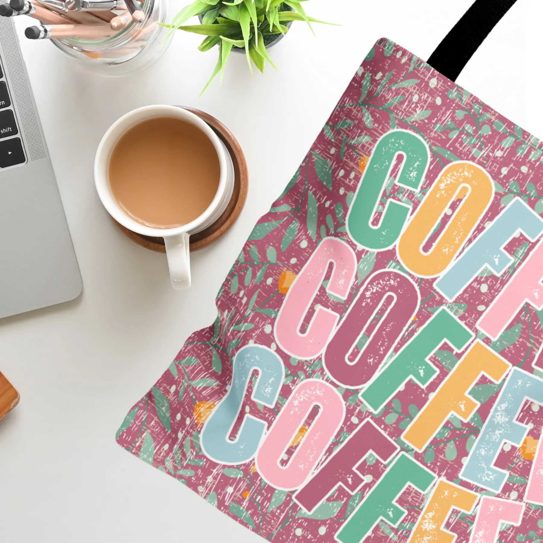 Coffee Trio: Women's Small Tote Bag with Repeated 'COFFEE' Design