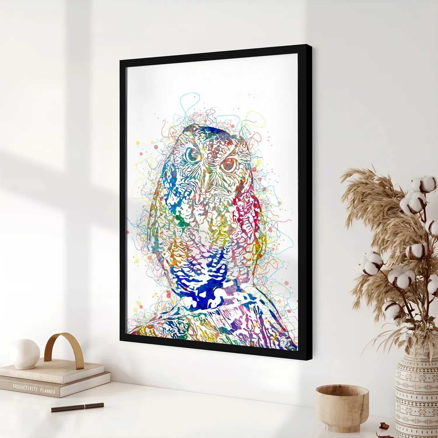 Colorful Owl Line Art Framed