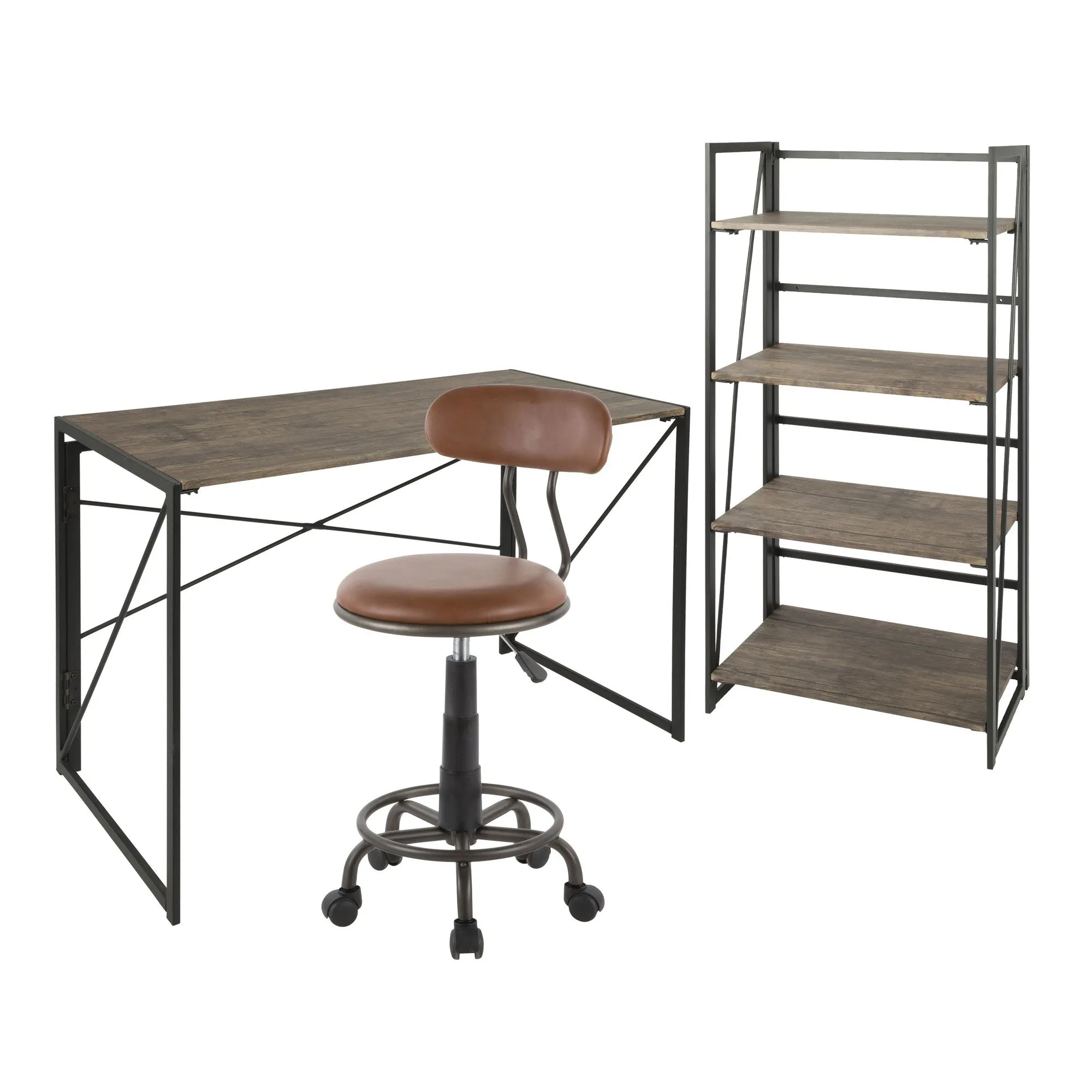 Dakota Industrial Office Desk in Black Metal, Antique Metal, Brown Wood and Brown Faux Leather by LumiSource