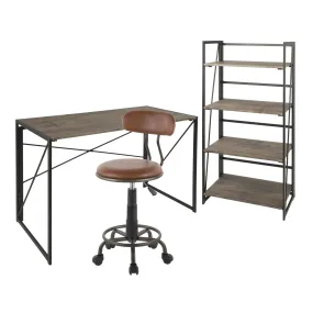 Dakota Industrial Office Desk in Black Metal, Antique Metal, Brown Wood and Brown Faux Leather by LumiSource