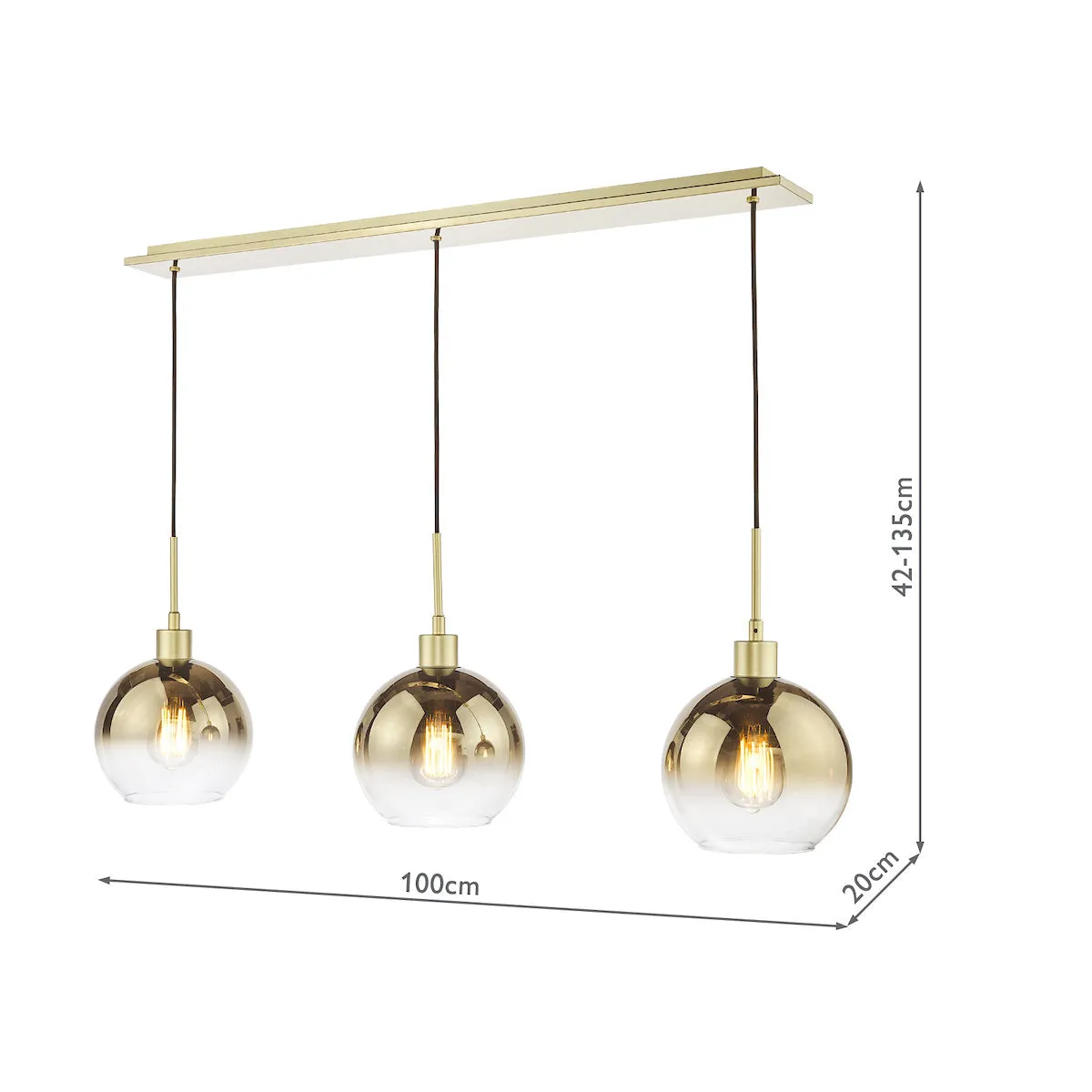 Dar Lycia 3 Light Bar Pendant Satin Gold and Gold Ombre Glass
