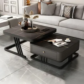 ECONODECOR Marbled Look Square Coffee Table Set, 2 Piece Stackable Center Table Modern End Tables with Storage Drawer and Metal Frame (Black & Black)