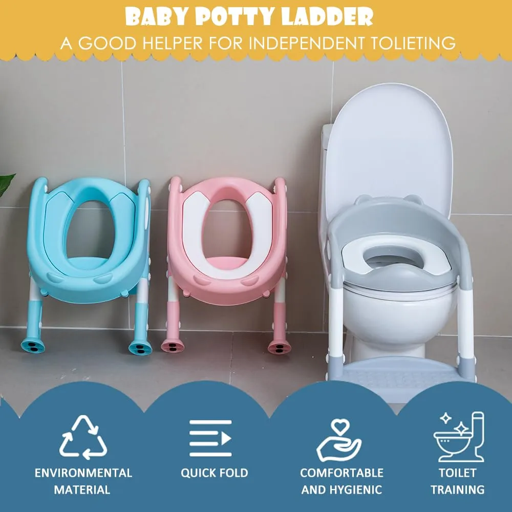 EGREE Potty Training Toilet Chair Seat with Step Stool Ladder for Kids and Toddler Boys Girls - Foldable Height Adjustable Children Toilet Training Seat with Safe Handles & Anti-Slip Pads, White-Grey
