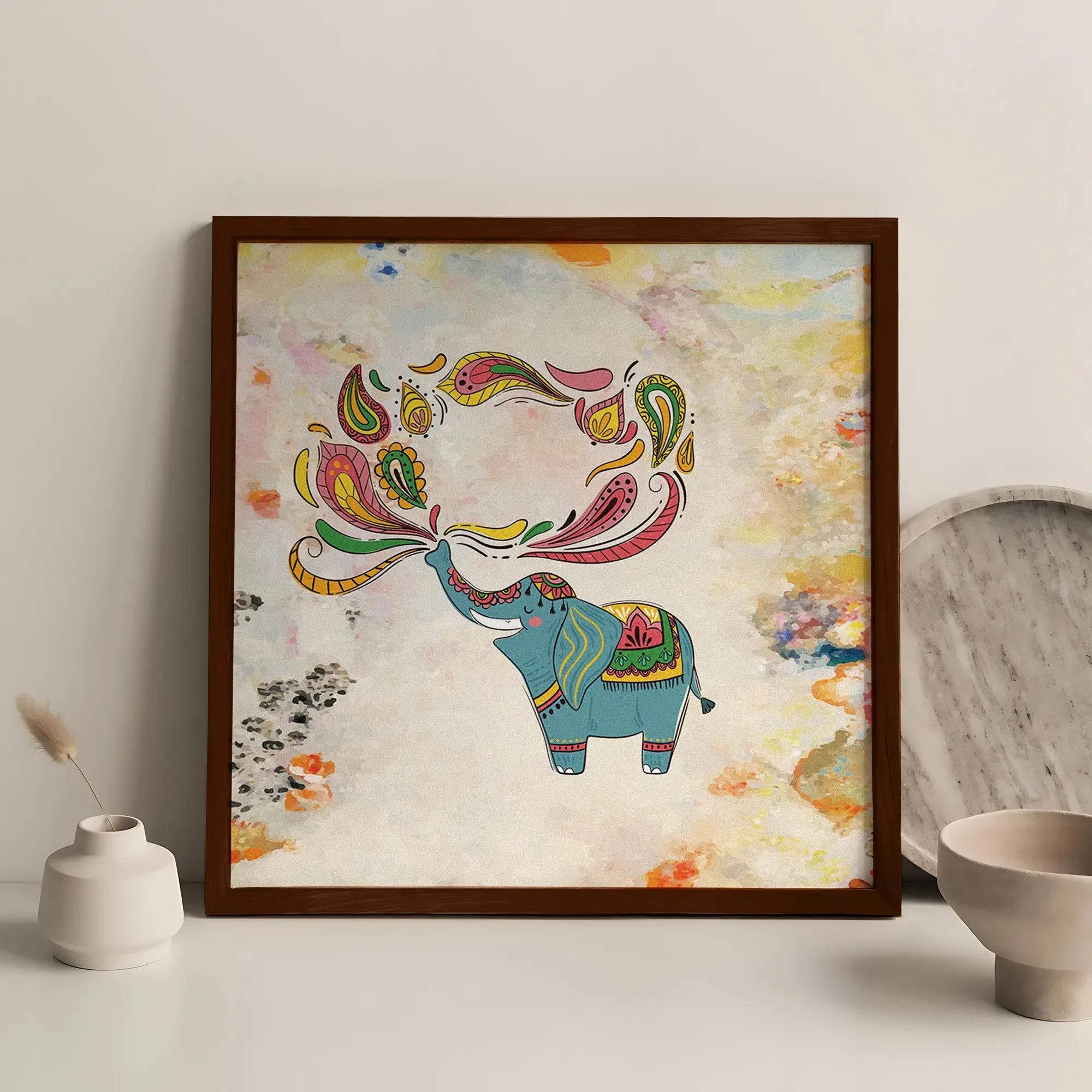 Elephant Playing With Colored Water