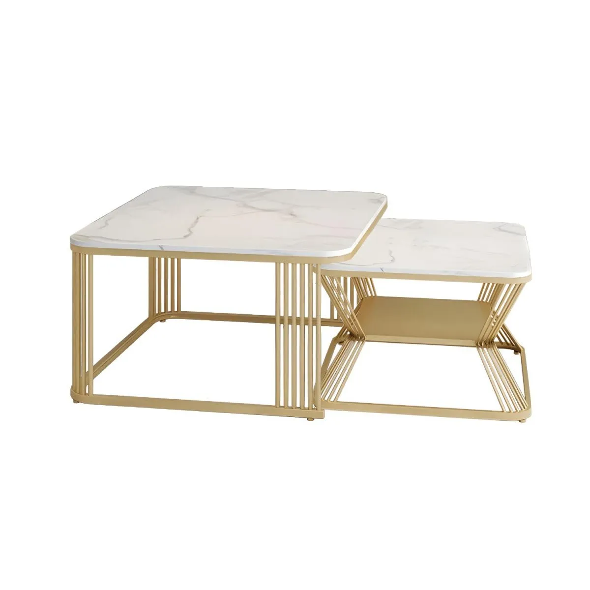 ELEVATION Square Set of Coffee Tables with Marble Pattern White Top Stackable Tea Tables or Center Table Set for Living Room Bedroom or Apartments (White Gold -)