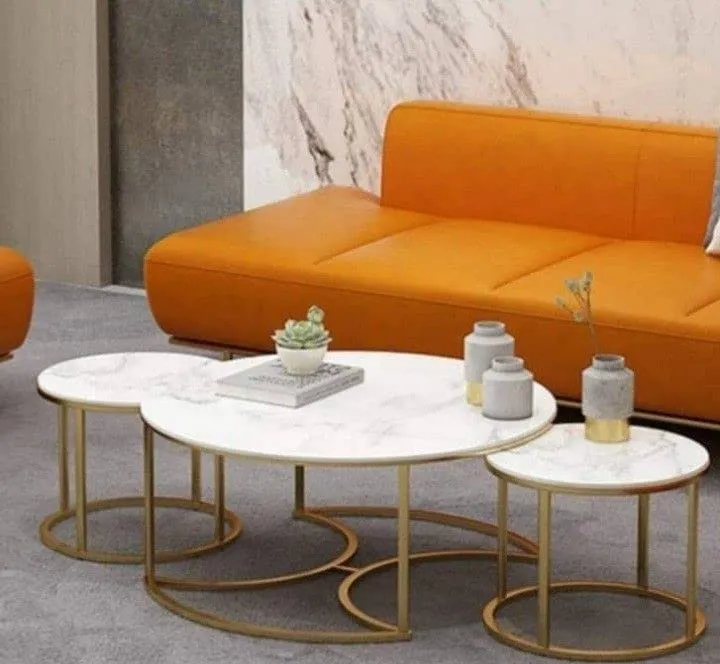 Expressow Marble Coffee Table Round Nesting Tables Set of 3 with Golden Metal Frame for Home Decor Living Room Furniture