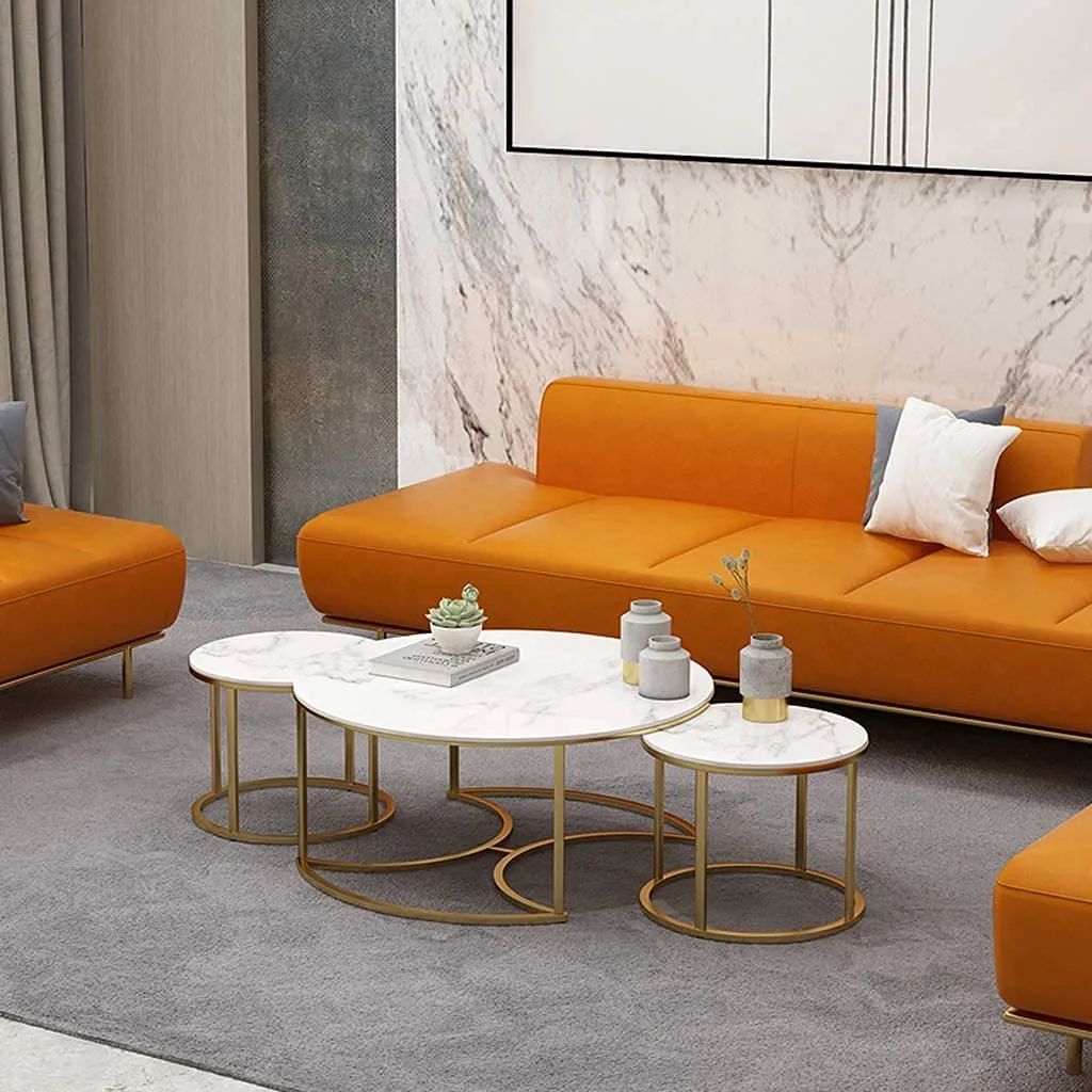 Expressow Marble Coffee Table Round Nesting Tables Set of 3 with Golden Metal Frame for Home Decor Living Room Furniture