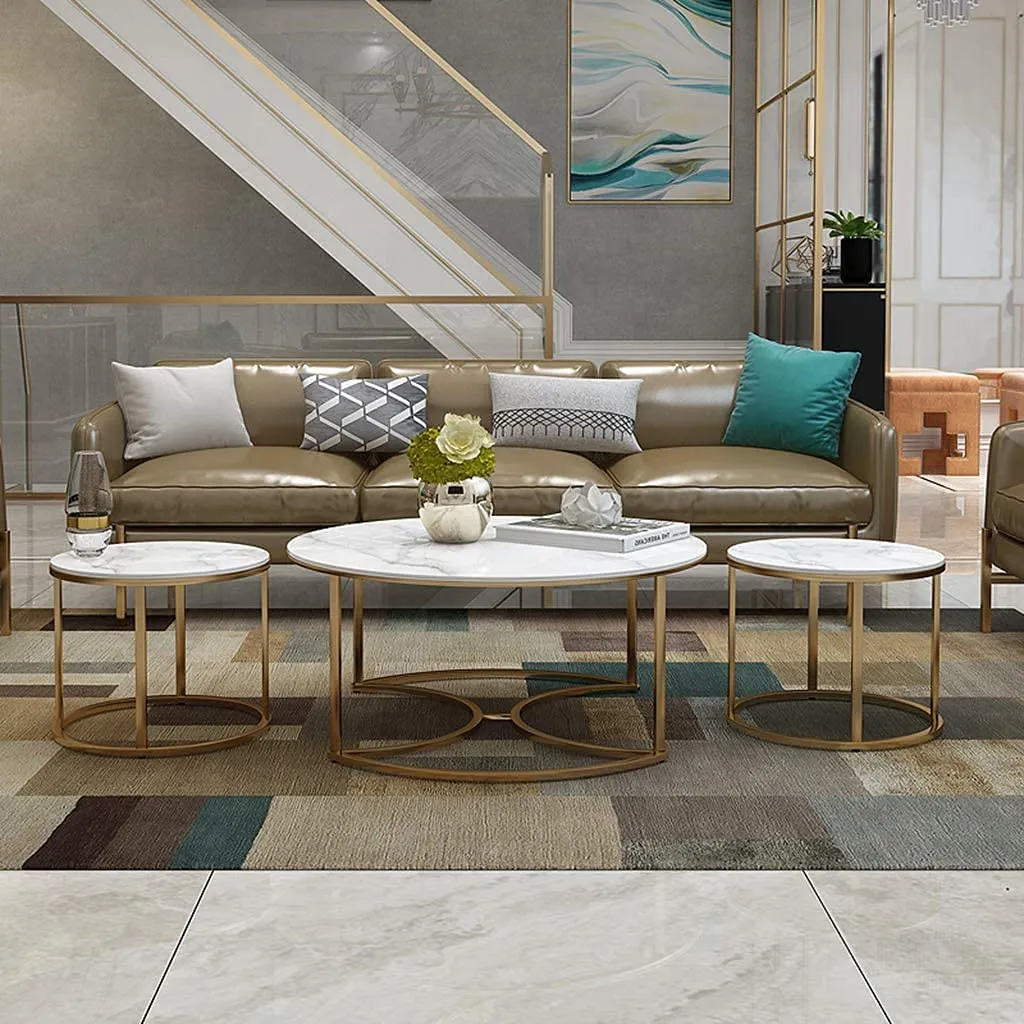 Expressow Marble Coffee Table Round Nesting Tables Set of 3 with Golden Metal Frame for Home Decor Living Room Furniture