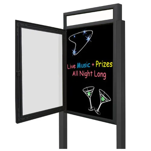 Extra Large Outdoor Dry Erase Marker Board SwingCases with Radius Edge, Header and Leg Posts | Gloss Black Board Message Board