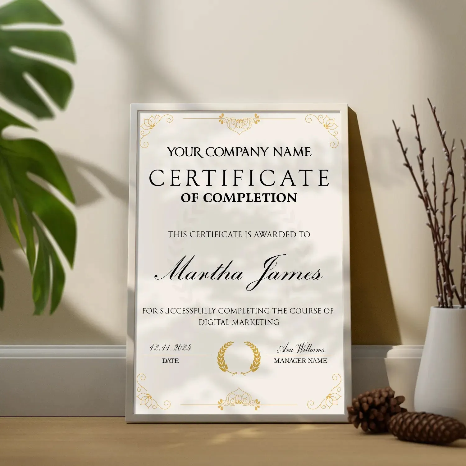 Floral Frame Styled Personalized Completion Certificate
