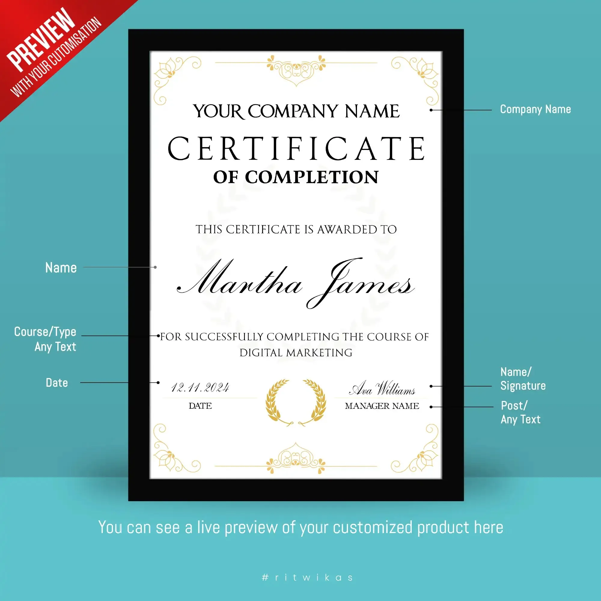 Floral Frame Styled Personalized Completion Certificate