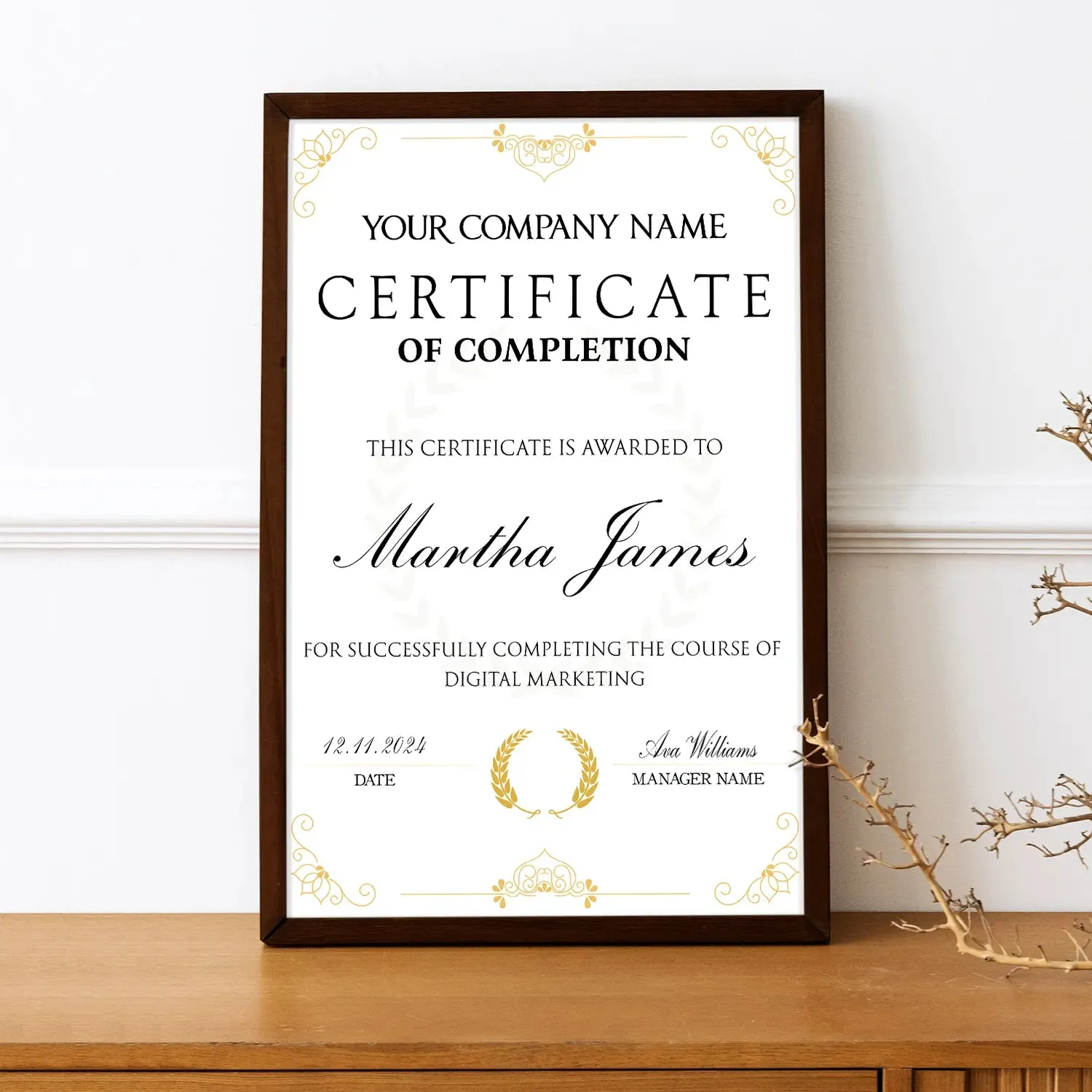 Floral Frame Styled Personalized Completion Certificate