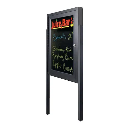 Free-Standing Outdoor Dry Erase Black Board with Two Leg Posts | Magnetic Porcelain on Steel Markerboard | Metal Display Case 12  Sizes