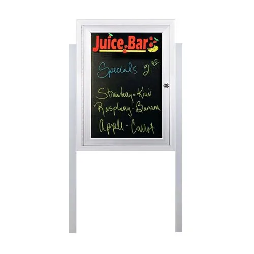 Free-Standing Outdoor Dry Erase Black Board with Two Leg Posts | Magnetic Porcelain on Steel Markerboard | Metal Display Case 12  Sizes