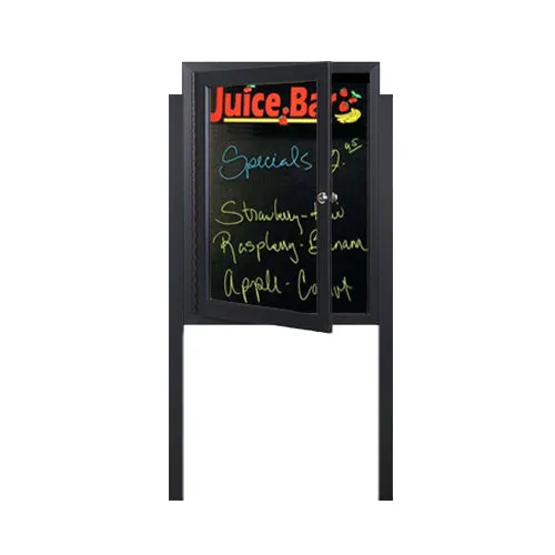 Free-Standing Outdoor Dry Erase Black Board with Two Leg Posts | Magnetic Porcelain on Steel Markerboard | Metal Display Case 12  Sizes